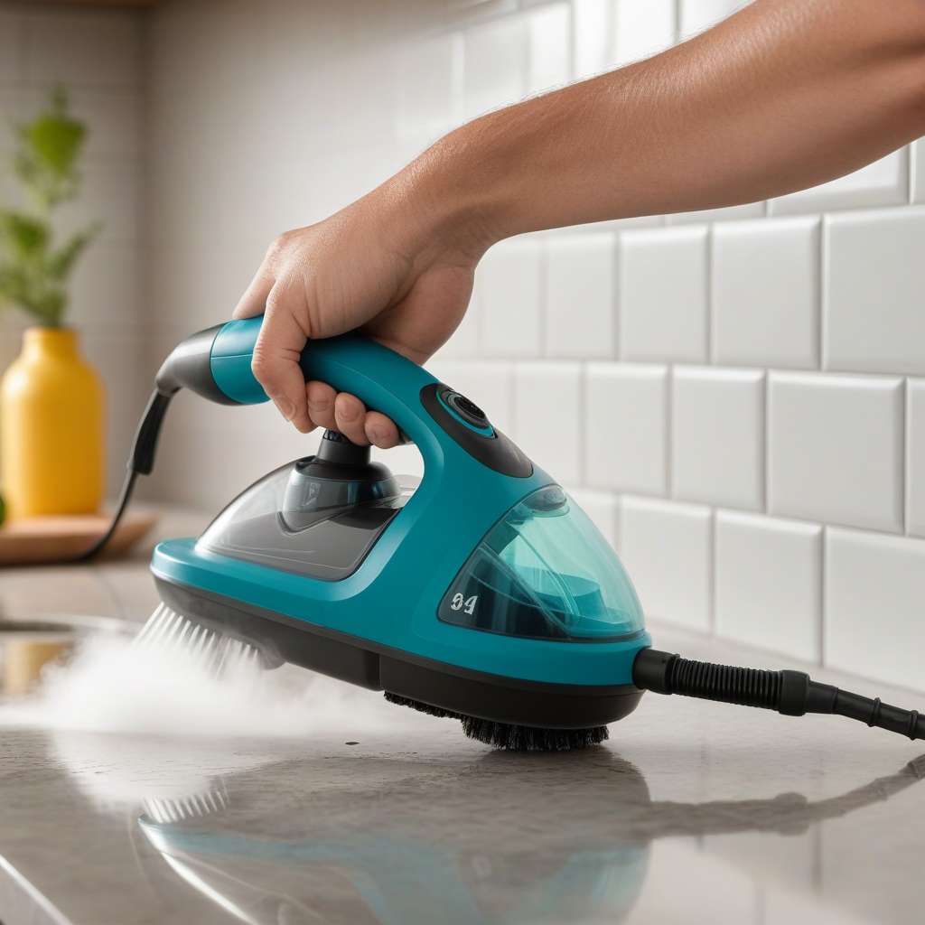 A close-up of a homeowner using a handheld steam cleaner on a kitchen countertop.