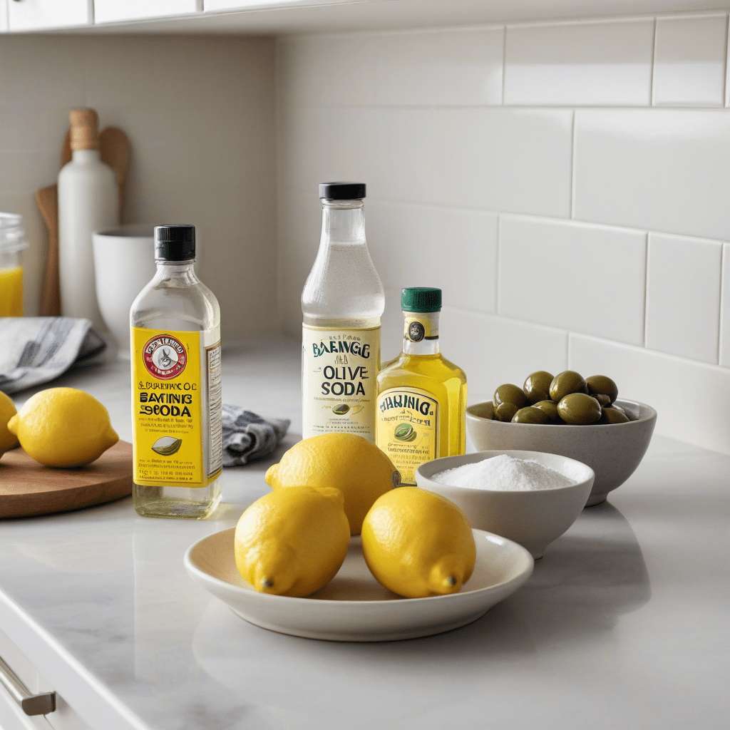 Best Practices for Polishing Stainless Steel 3 A clean, well-organized countertop showcasing natural polishing items like lemon, olive oil, abd baking soda.