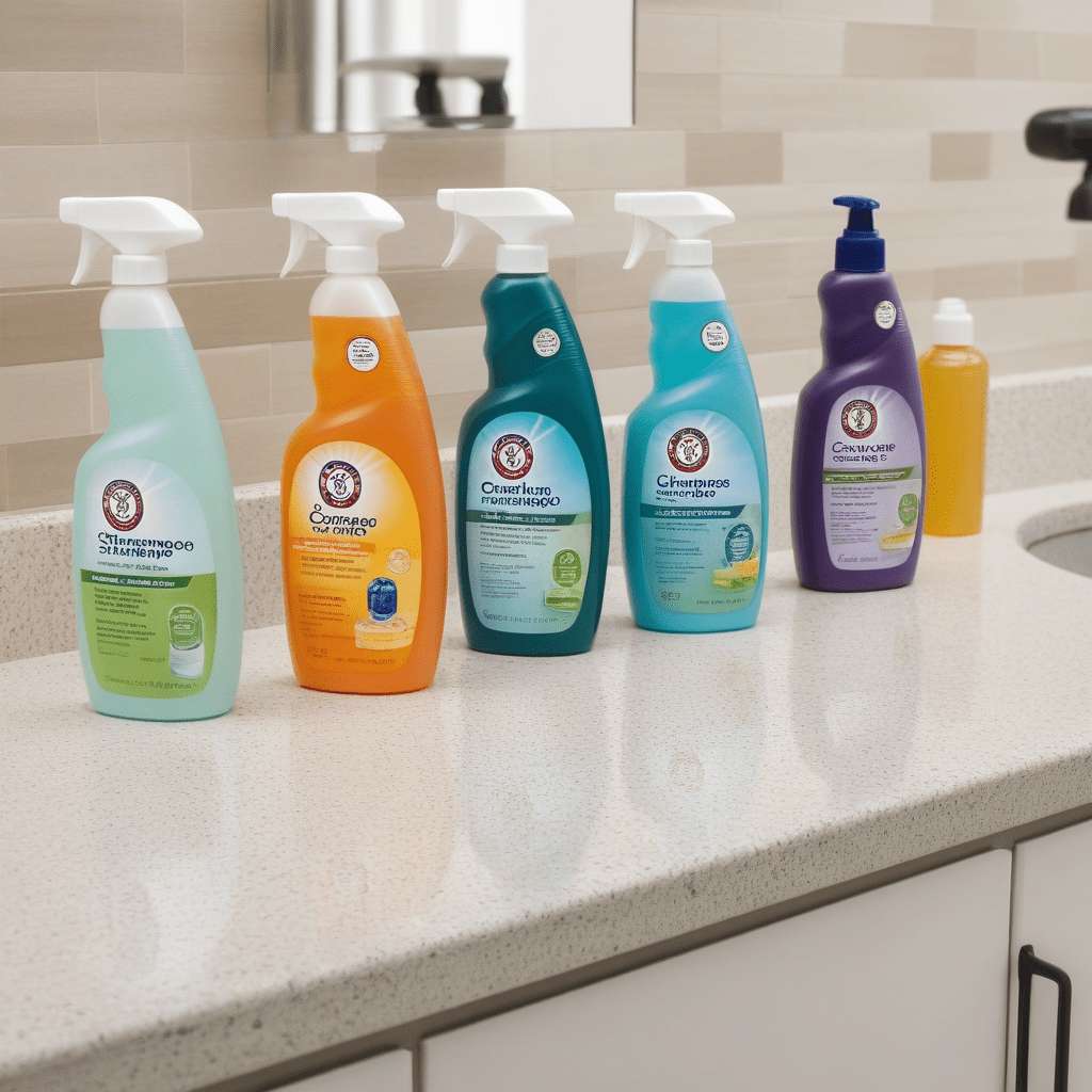 Find the Best Carpet Cleaning Shampoo for Spotless Results 3 A clean, well-lit countertop showcasing a selection of top-rated carpet cleaning shampoos.