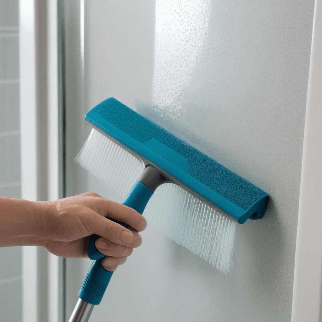 How to Choose the Best Shower Cleaning Tools 3 A close-up shot of a person using a long-handled squeegee to clean a shower glass door