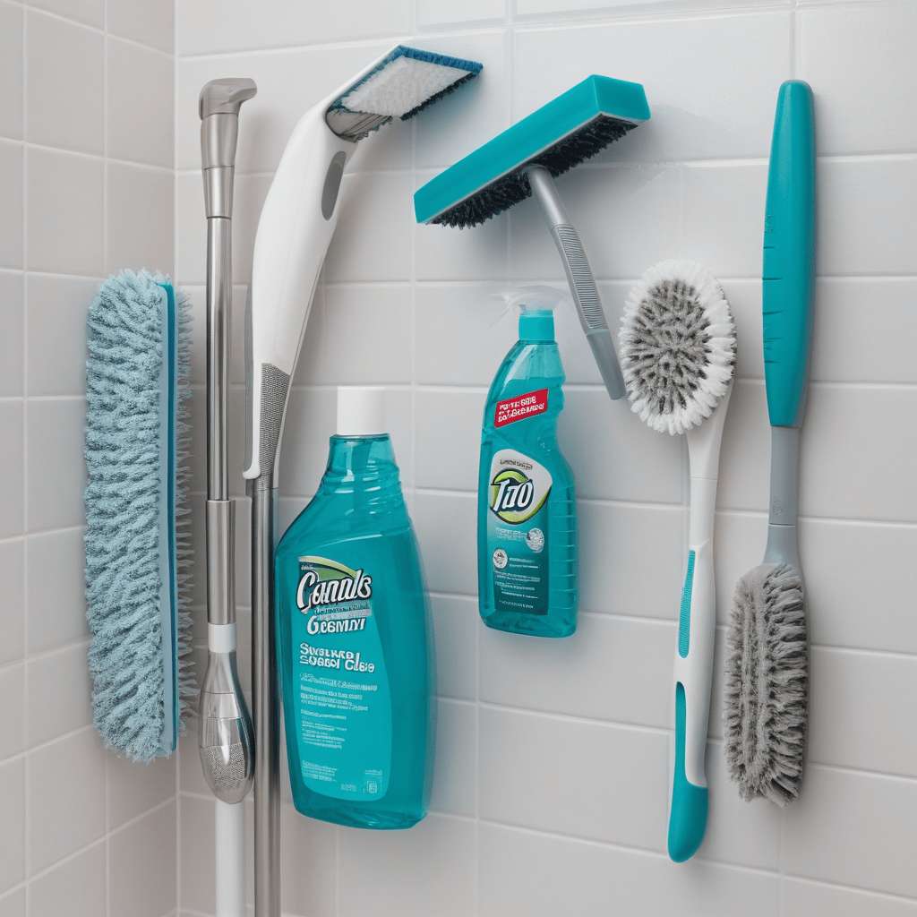 How to Choose the Best Shower Cleaning Tools 2 A neatly arranged display of various shower cleaning tools on a clean, white surface. The tools include a squeegee, a long-handled scrub brush, a non-scratch sponge, a handheld showerhead cleaner, and a bottle of specialized shower cleaner.