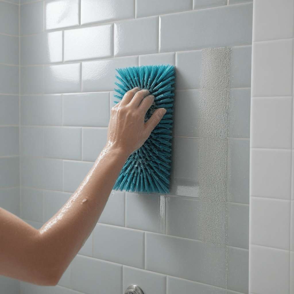 How to Deep Clean Your Shower Easily 2 A modern shower with glass doors, showing a person using a scrub brush to deep clean the tiles and grout.