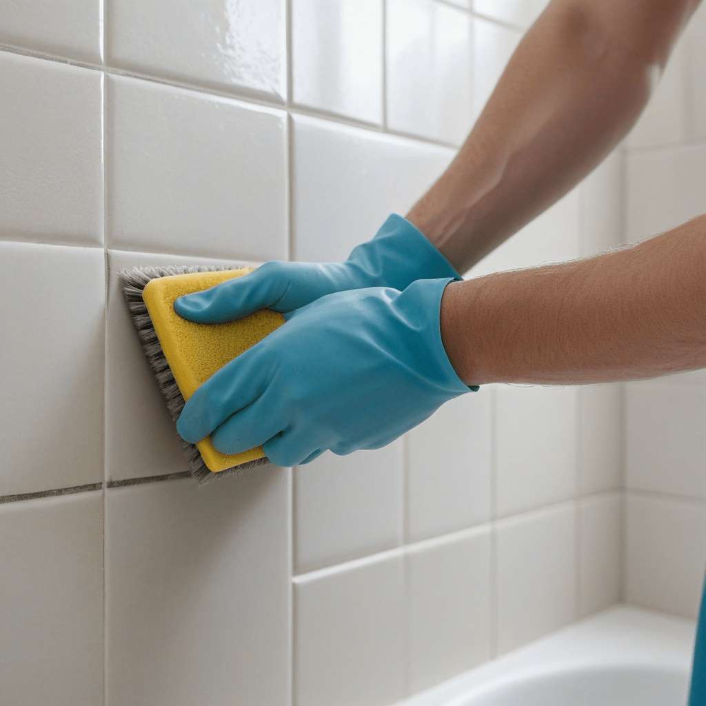 How to Deep Clean Your Shower Easily 3 A close-up of a person wearing cleaning gloves, using a grout brush to scrub the joints between shower tiles.