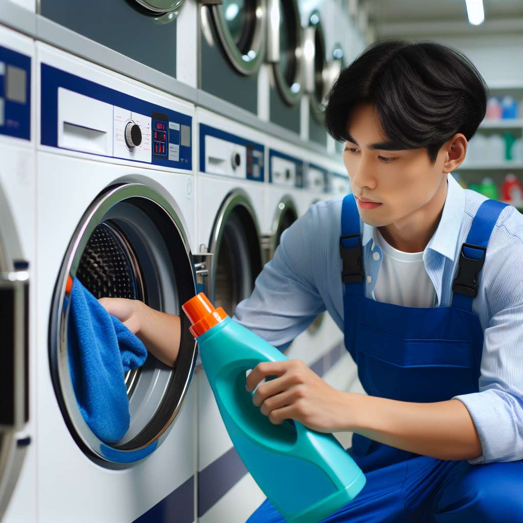 Expert Tips to Remove Candle Wax Stains from Fabric 3 a cleaner in blue uniform adding a detergent to a washing machine