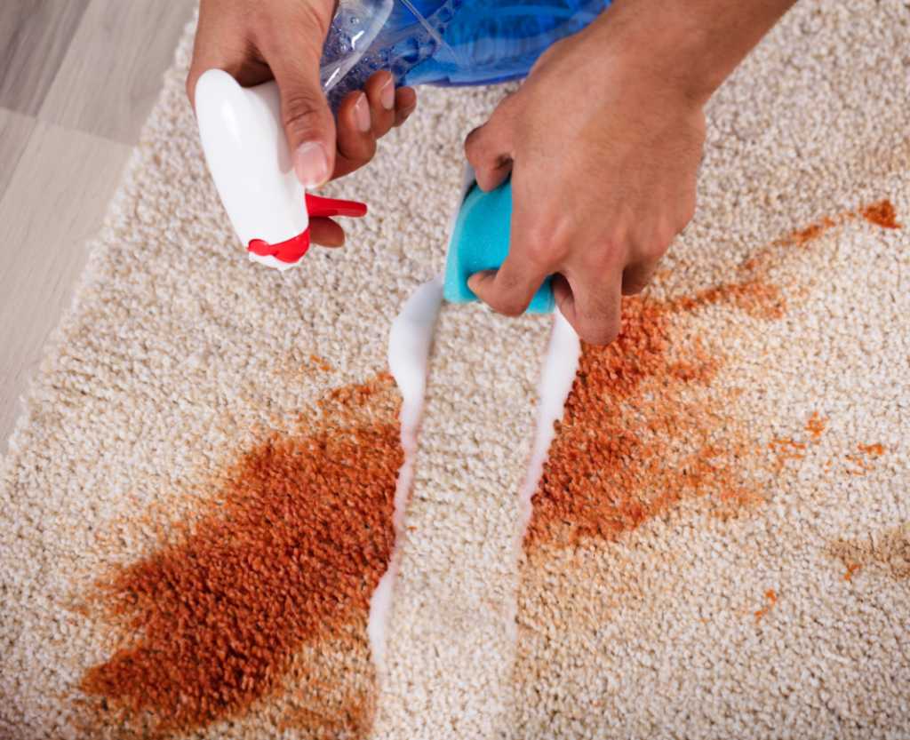 Rug Cleaning 1 a professional cleaner using brush and spraying solution to remove carpet stain