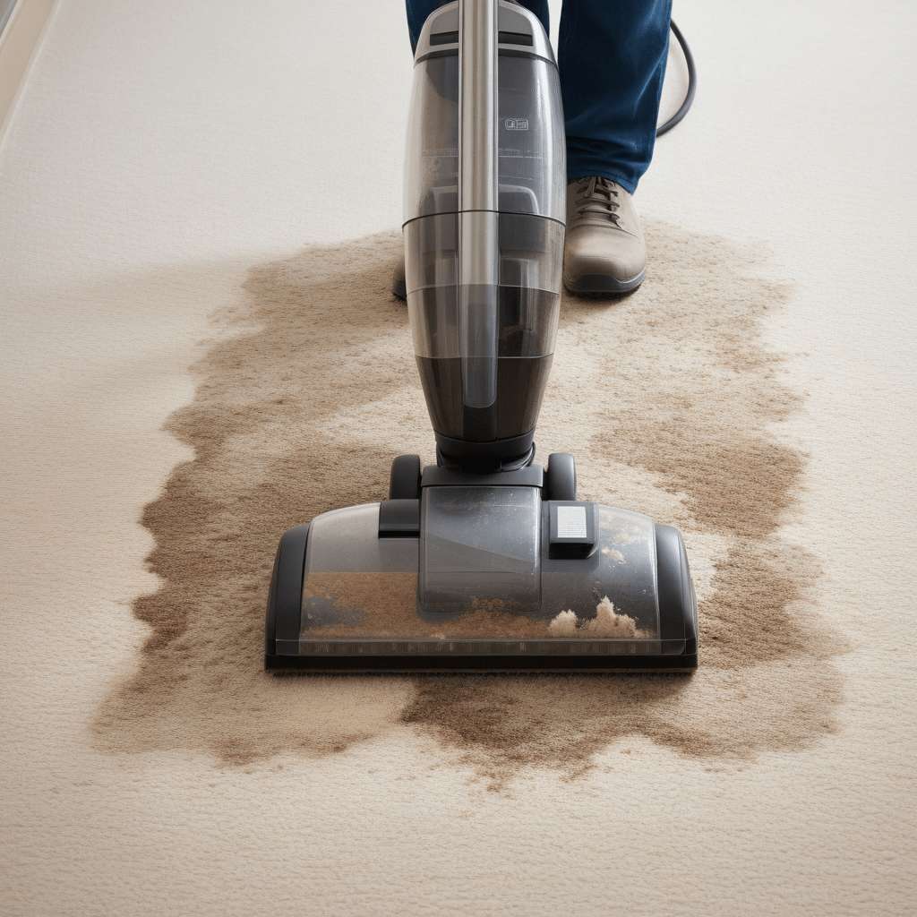 See the Stunning Difference: Carpet Cleaning Before & After 2 A close-up view of a heavily soiled carpet being cleaned.