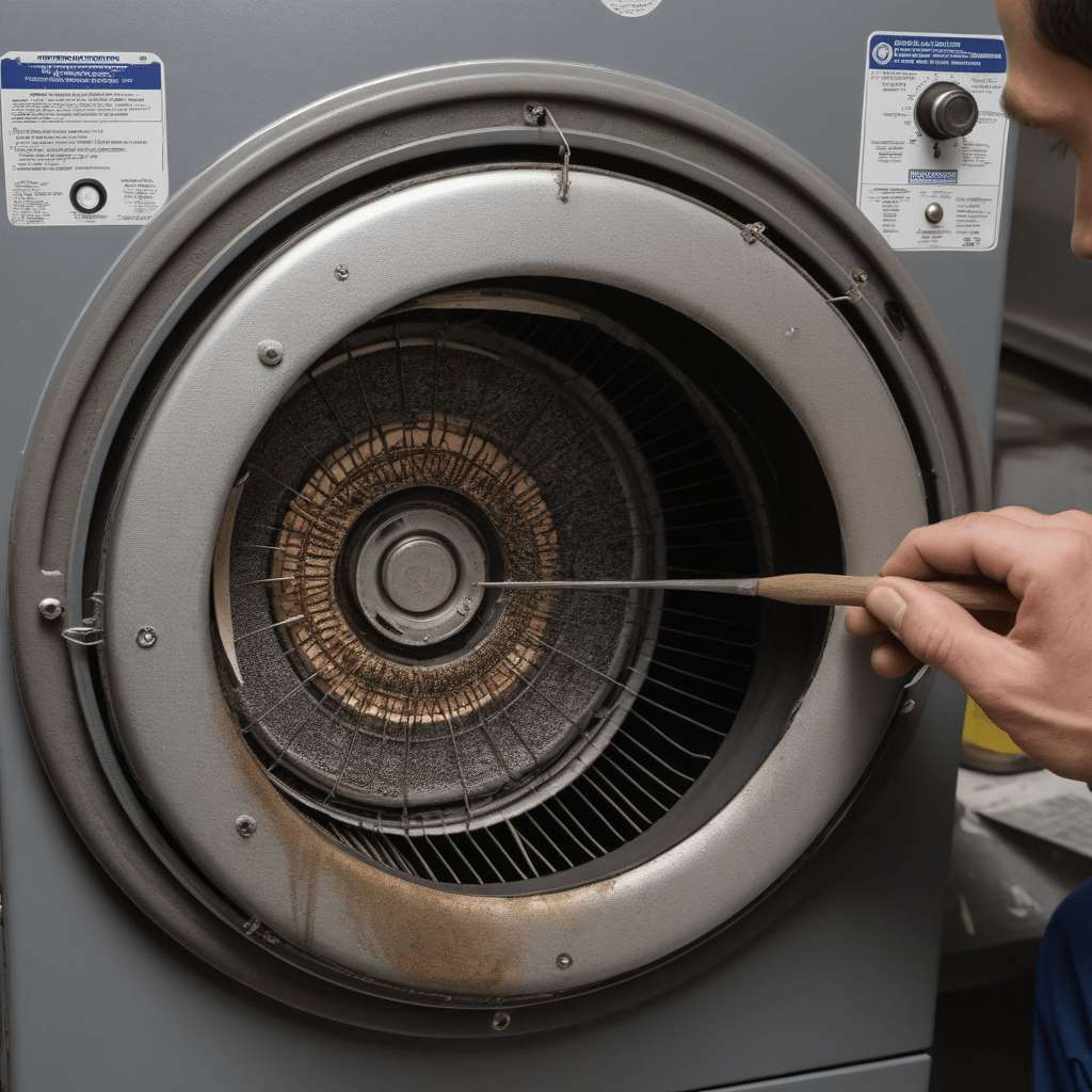 Signs Your Dryer Heating Element Needs Replacement 2 A close-up of a dryer drum with visible signs of wear and tear.