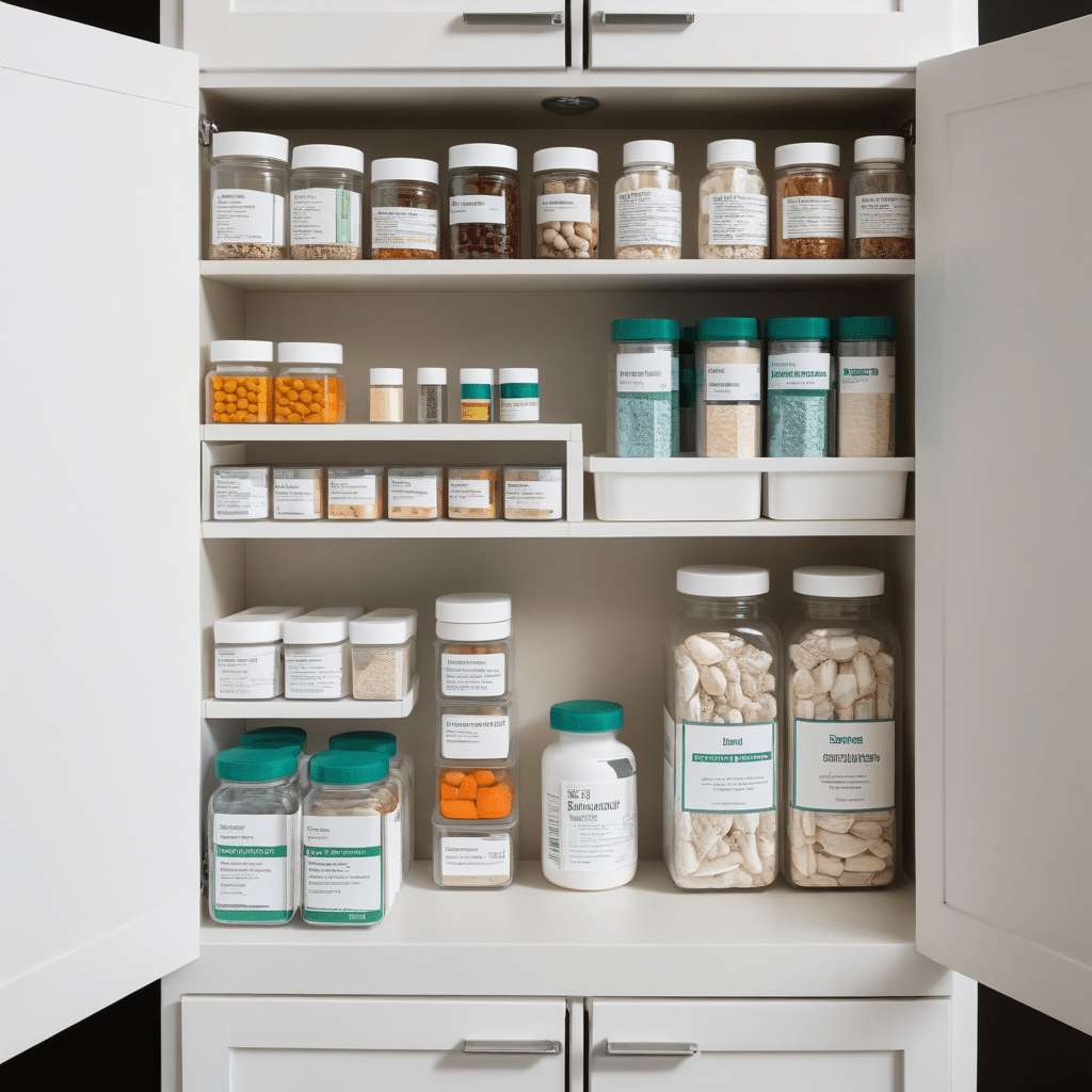 Top Bathroom Cleaning Products for a Sparkling Clean 3 A neatly organized medicine cabinet with various shelves containing labeled containers and neatly arranged medicine bottles, vitamins, and first aid supplies.