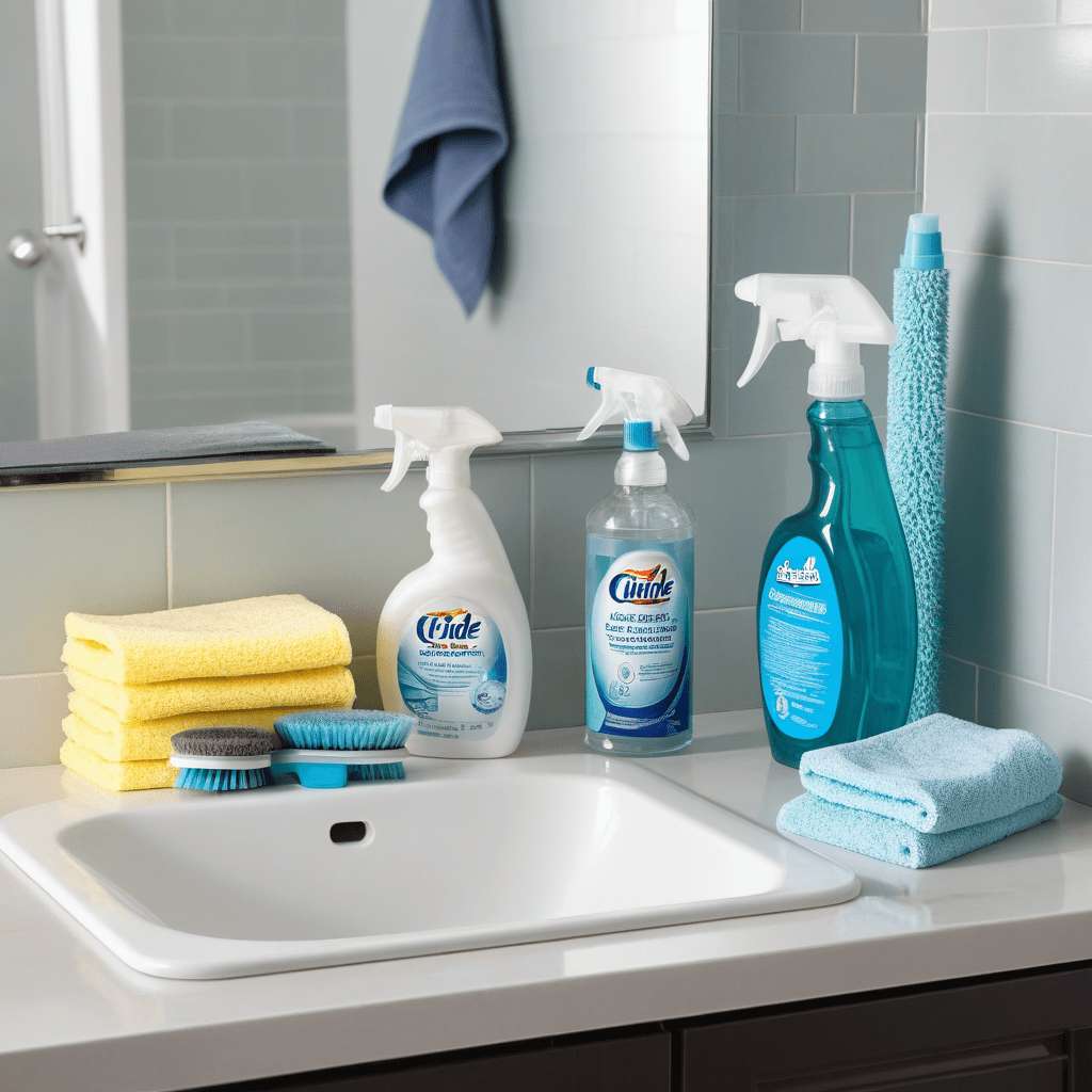 Top Bathroom Cleaning Products for a Sparkling Clean 2 A clean and shiny bathroom with essential cleaning products displayed on a countertop. T