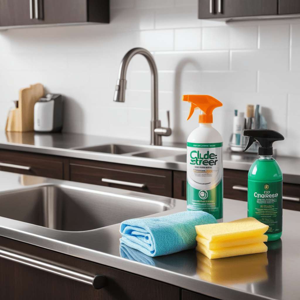 Top Products for Cleaning Stainless Steel 2 A set of cleaning products arranged on a spotless stainless steel countertop.