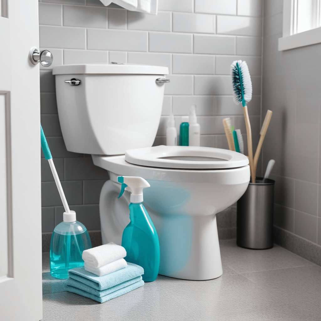 Top-Rated Toilet Cleaners You Can't Live Without 3 A bathroom scene showcasing a clean and sparkling toilet bowl. Beside the toilet, various cleaning supplies are neatly arranged