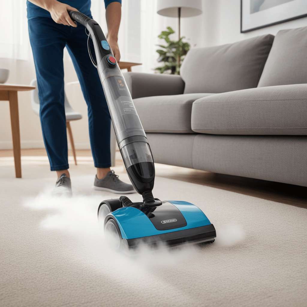 Top Tile Cleaning Machines for Your Home 3 A person using a steam cleaner on a carpet in a living room setting.